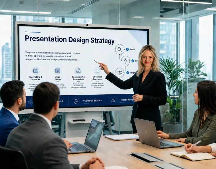 Elia Faratro presenta una strategia di presentation design a un team aziendale